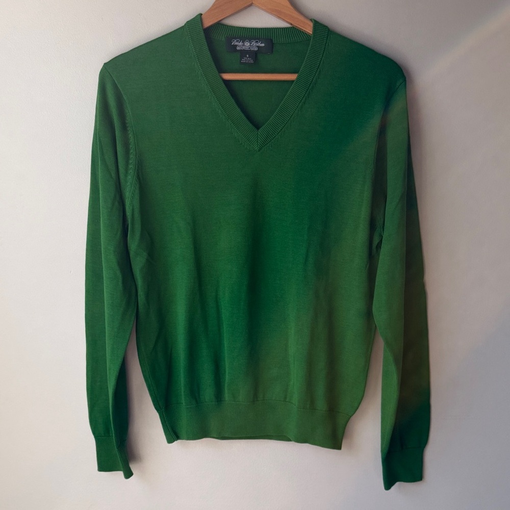 Brooks Brothers Green Cotton Silk blend V neck Sweater Mens S top pullover